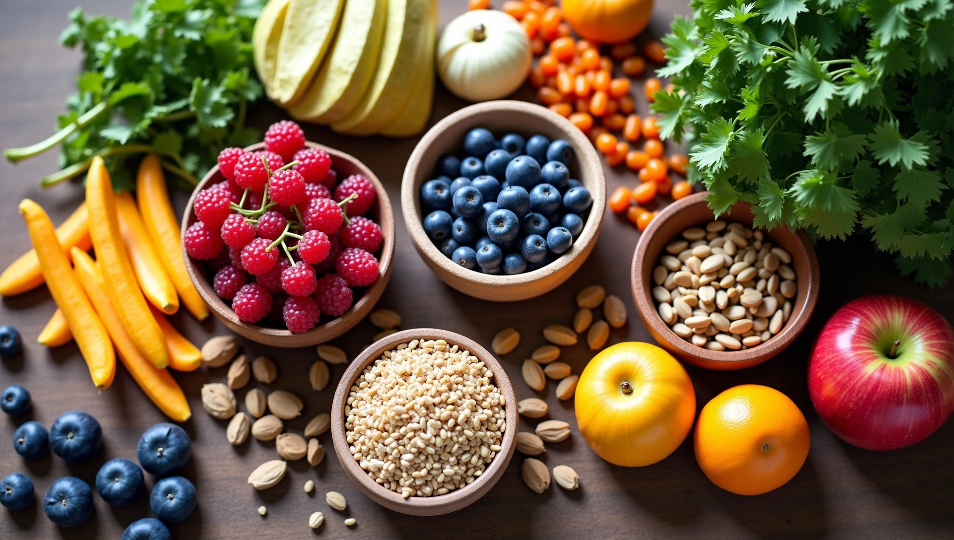 Mesa llena de alimentos frescos y saludables, como frutas, verduras, granos y frutos secos, con un ambiente luminoso y natural que evoca vitalidad y bienestar.