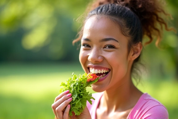 Persona sonriendo y disfrutando de una ensalada fresca y colorida, con un fondo borroso de naturaleza, transmitiendo felicidad y bienestar.